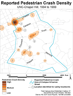 map of reported pedestrian crash data, UNC-Chapel Hill, 1994 to 1999
